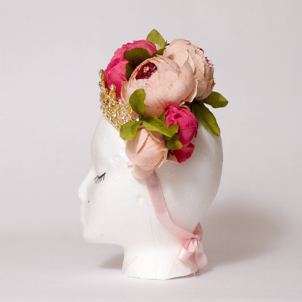 Handmade Pink Flower Rhinestone Gold Crown - Picture 3 of 13